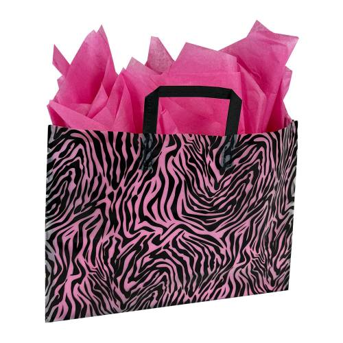 Black zebra-stripe print on a frosted poly shopping bag with soft loop handles — 16 x 6 x 12