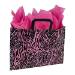 Black zebra-stripe print on a frosted poly shopping bag with soft loop handles — 16 x 6 x 12