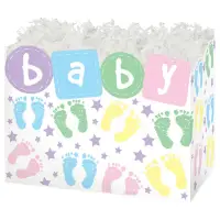 Baby Steps gift basket box — pastel baby letter blocks and colorful footprints with stars on white