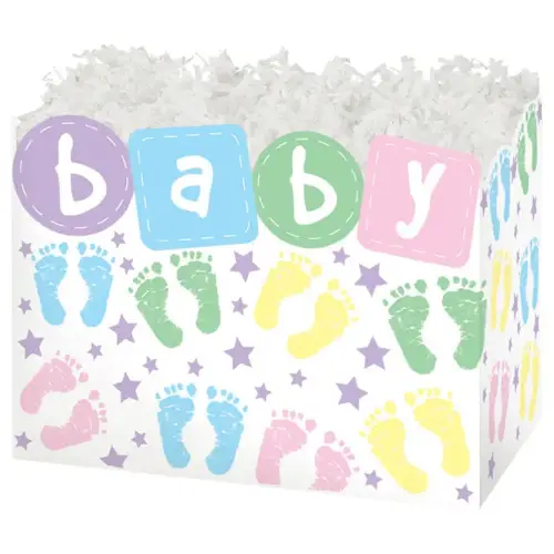 Baby Steps gift basket box — pastel baby letter blocks and colorful footprints with stars on white