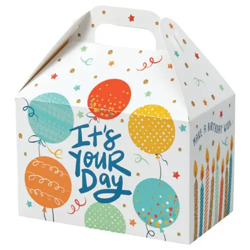 Birthday Celebration large gable box — colorful balloons and confetti on white, die-cut top carry handle