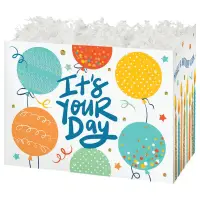 Birthday Celebration gift basket box — colorful balloons and confetti with Its Your Day on white