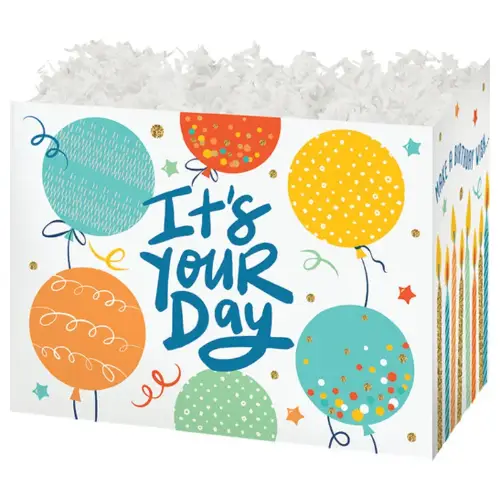 Birthday Celebration gift basket box — colorful balloons and confetti with It's Your Day on white