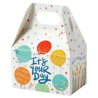 Birthday Celebration mini gable box — colorful balloons and confetti on white, die-cut top carry handle