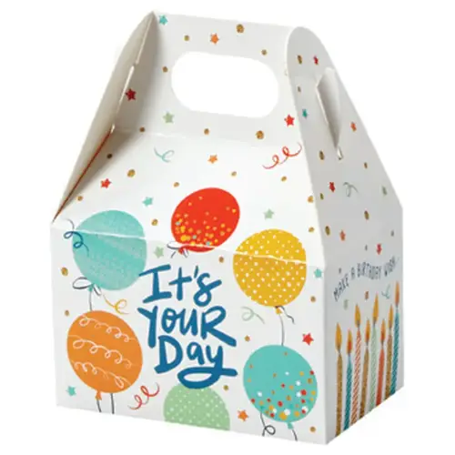 Birthday Celebration mini gable box — colorful balloons and confetti on white, die-cut top carry handle
