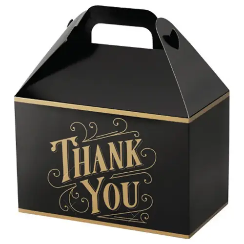 Black & Gold Thanks large gable box — black with a gold Thank You script, die-cut top carry handle