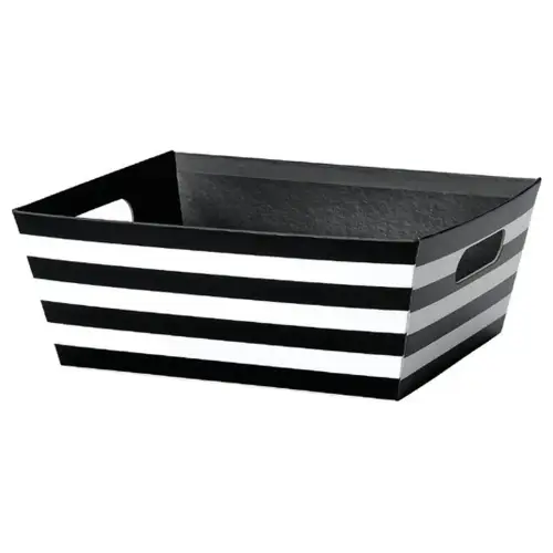 Black & White Stripes market tray — tray with bold horizontal black-and-white stripes and a solid black interior, die-cut side handles