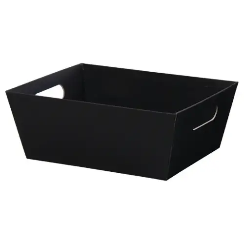 Black market tray — solid matte black paperboard tray with an open top, die-cut side handles for gift baskets