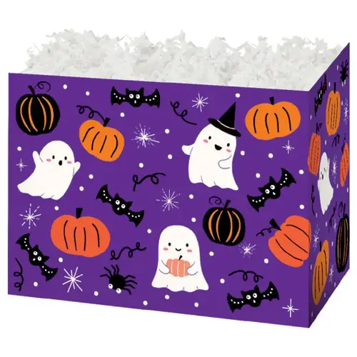 Boo Bash gift basket box — purple with white ghosts and jack-o-lanterns