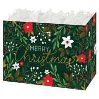 Botanical Christmas gift basket box — dark green with red and white florals