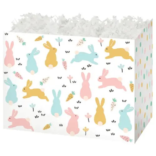 Bunny Hop gift basket box — pastel Easter bunnies on white