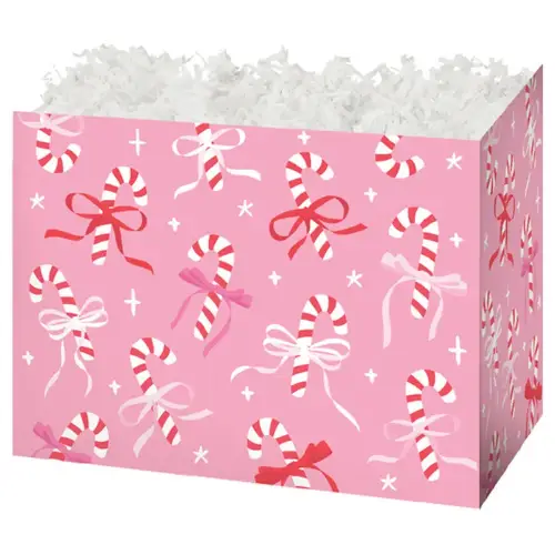 Candy Canes & Ribbons gift basket box — pink with red and white candy canes and ribbons