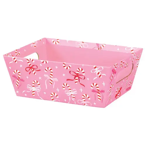 Candy Canes & Ribbons market tray — pink tray with red-and-white striped candy canes, ribbon bows and white sparkles, die-cut side handles
