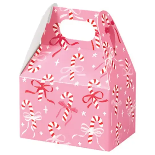 Candy Canes & Ribbons mini gable box — pink with red and white candy canes and ribbons, die-cut top carry handle