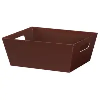 Chocolate market tray — solid matte chocolate-brown paperboard tray with an open top, die-cut side handles for gift baskets