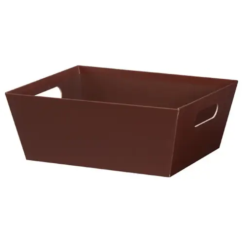 Chocolate market tray — solid matte chocolate-brown paperboard tray with an open top, die-cut side handles for gift baskets