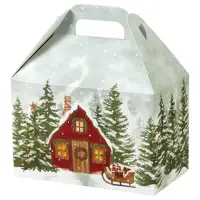 Christmas Cottage large gable box — kraft tan with a red cottage in a snowy pine forest, die-cut top carry handle
