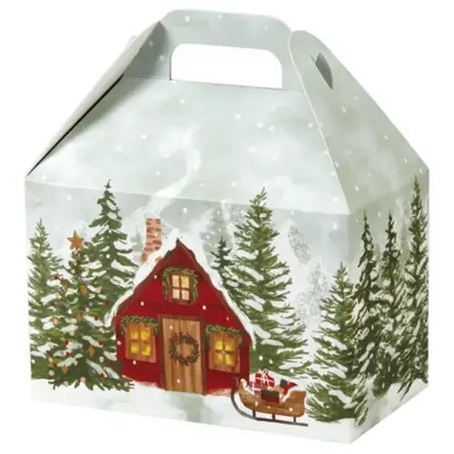 Christmas Cottage large gable box — kraft tan with a red cottage in a snowy pine forest, die-cut top carry handle