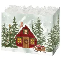 Christmas Cottage gift basket box — a red cottage in a snowy pine forest on kraft