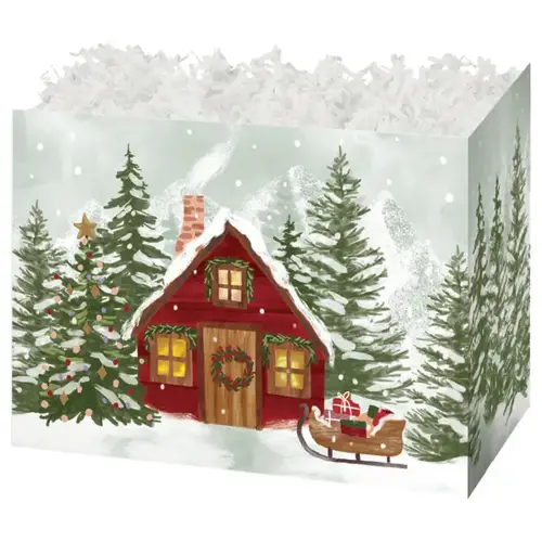 Christmas Cottage gift basket box — a red cottage in a snowy pine forest on kraft