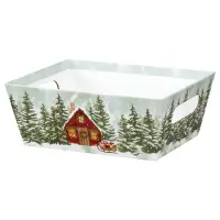 Christmas Cottage market tray — sage-green winter scene tray with a red cottage, snowy evergreens and Santas sleigh, die-cut side handles