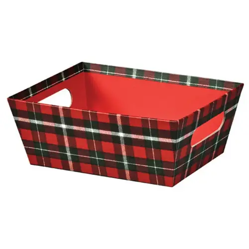 Christmas Plaid market tray — red, green and white tartan plaid tray with a solid red interior, die-cut side handles for gift baskets