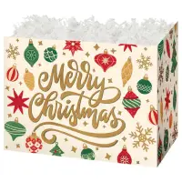 Christmas Vintage Ornaments gift basket box — green with vintage Merry Christmas ornaments
