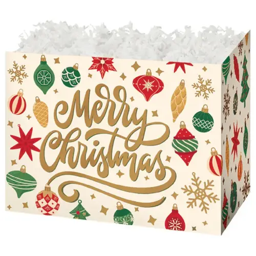 Christmas Vintage Ornaments gift basket box — green with vintage Merry Christmas ornaments
