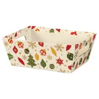 Christmas Vintage Ornaments market tray — cream tray with vintage red, green and gold Christmas ornaments and gold snowflakes, die-cut side handles