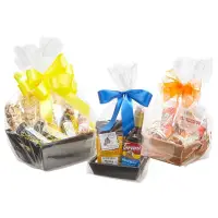 Clear basket bag — transparent cellophane gift basket bag with a flat gusseted bottom, gathered and tied with a bow