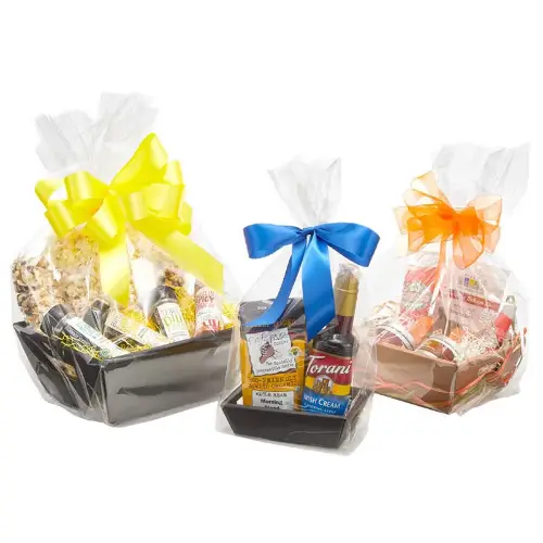 Clear basket bag — transparent cellophane gift basket bag with a round bottom, gathered and tied with a bow