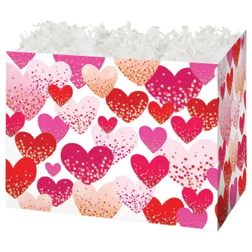 Confetti Hearts gift basket box — scattered red and pink confetti hearts on white