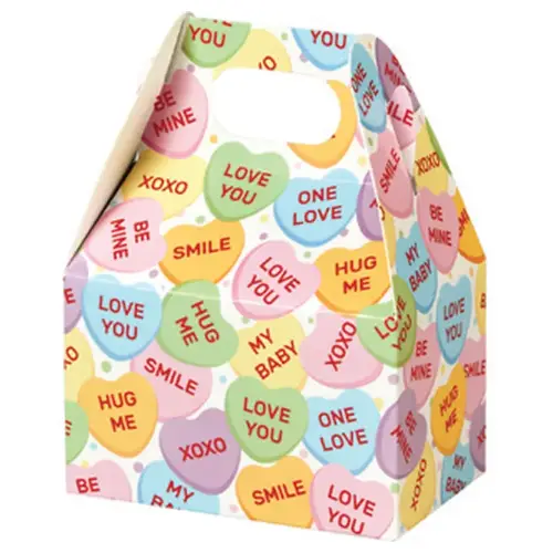 Conversation Hearts mini gable box — pastel conversation candy hearts, die-cut top carry handle