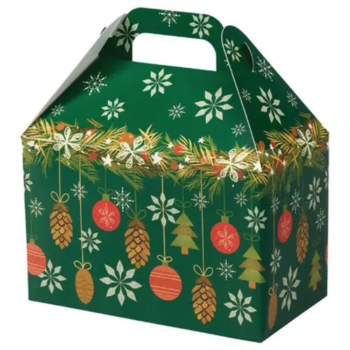Cozy Ornaments large gable box — dark green with red, gold and white ornaments and snowflakes, die-cut top carry handle