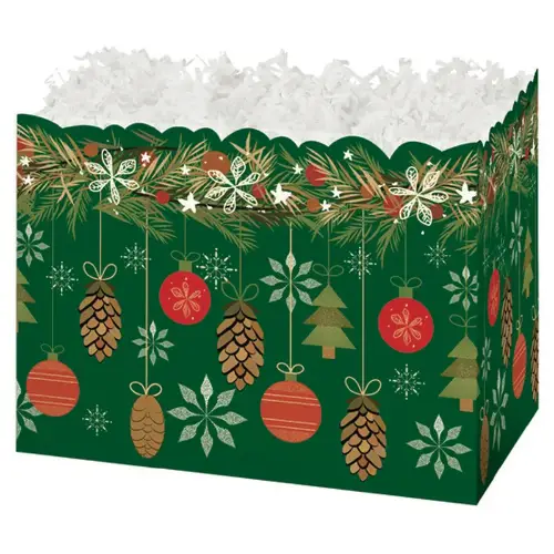 Cozy Ornaments gift basket box — dark green with red, gold and white ornaments and snowflakes