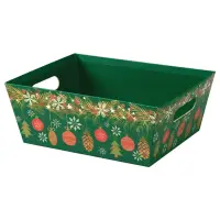 Cozy Ornaments market tray — deep green tray with a gold pine garland, hanging ornaments, pinecones and snowflakes, die-cut side handles