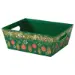 Cozy Ornaments market tray — deep green tray with a gold pine garland, hanging ornaments, pinecones and snowflakes, die-cut side handles