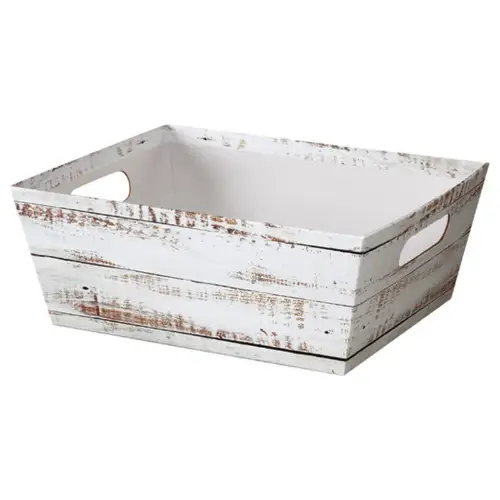 Distressed White Wood market tray — whitewashed distressed weathered-wood plank print tray, die-cut side handles for gift baskets