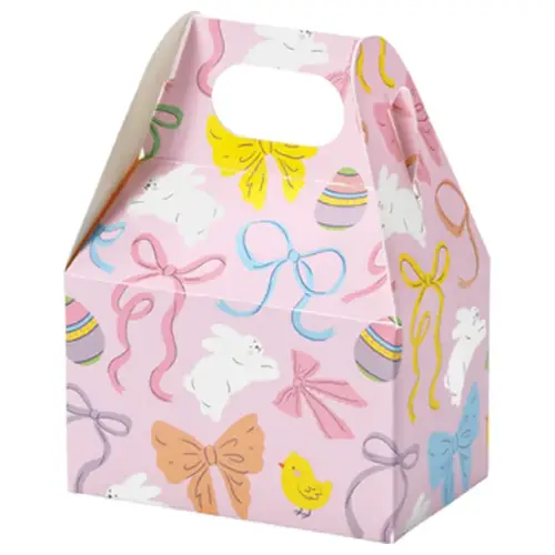 Easter Bows mini gable box — pastel bows and ribbons on white, die-cut top carry handle