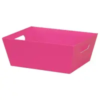 Fuchsia market tray — solid bright fuchsia pink paperboard tray with an open top, die-cut side handles for gift baskets