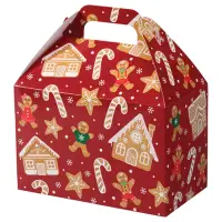 Gingerbread Lane large gable box — red with gingerbread houses, gingerbread men and candy canes, die-cut top carry handle