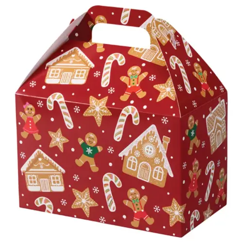 Gingerbread Lane large gable box — red with gingerbread houses, gingerbread men and candy canes, die-cut top carry handle