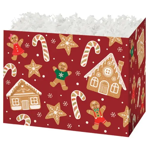 Gingerbread Lane gift basket box — red with gingerbread houses, gingerbread men and candy canes