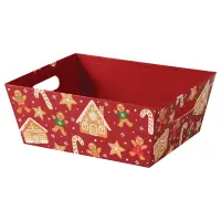 Gingerbread Lane market tray — red tray with gingerbread people, houses, candy canes and iced star cookies, die-cut side handles for gift baskets