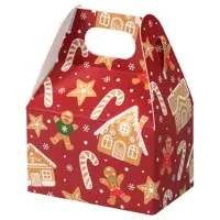 Gingerbread Lane mini gable box — red with gingerbread houses, gingerbread men and candy canes, die-cut top carry handle
