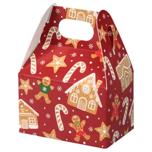 Gingerbread Lane mini gable box — red with gingerbread houses, gingerbread men and candy canes, die-cut top carry handle