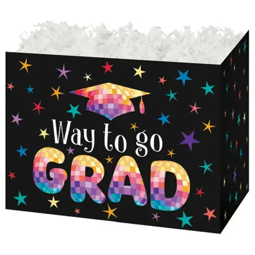 Grad Disco Stars gift basket box — a black Way to Go Grad design with disco stars