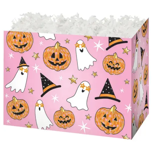 Halloween Disco Party gift basket box — pink with disco pumpkins and Halloween motifs