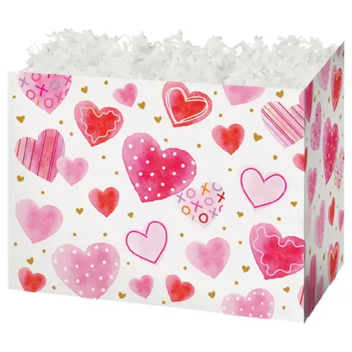 Handmade Hearts gift basket box — pink and red watercolor hearts on white