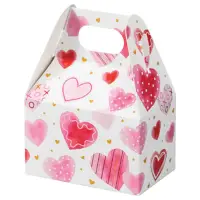 Handmade Hearts mini gable box — pink and red watercolor hearts on white, die-cut top carry handle